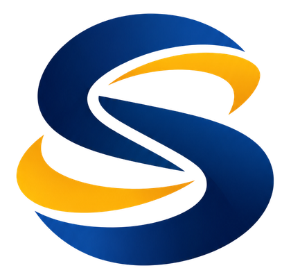 Solozino S logo: blue and amber ribbons intertwined